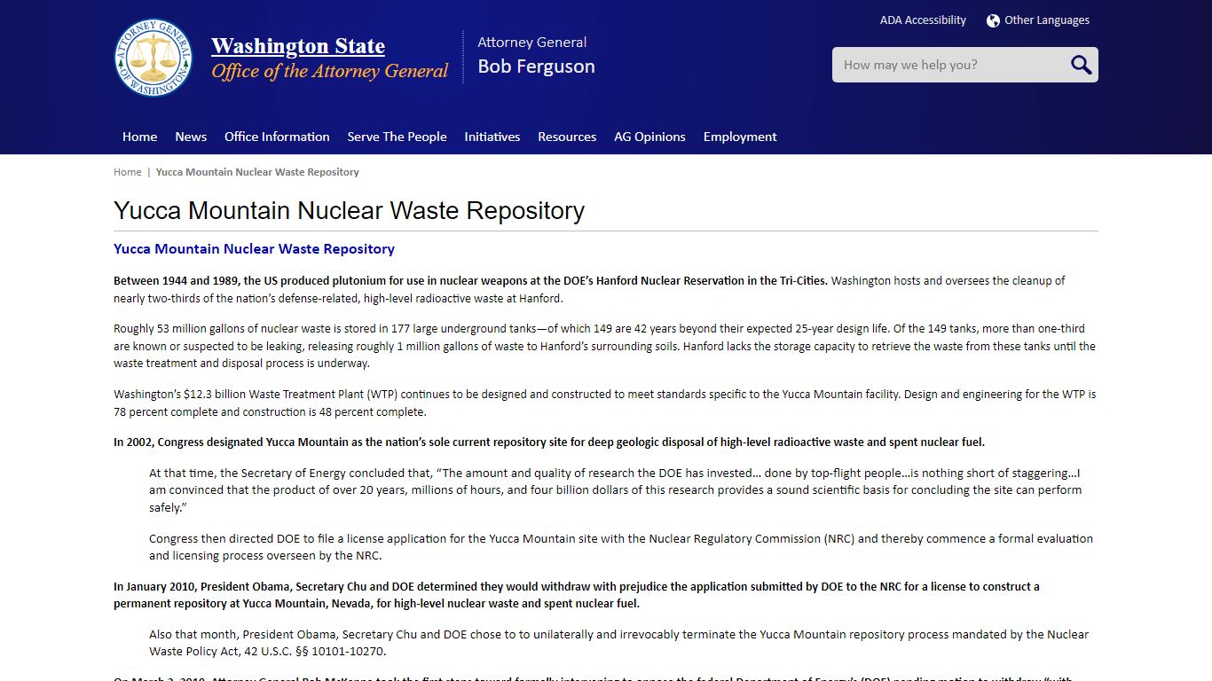 Yucca Mountain Nuclear Waste Repository | Washington State